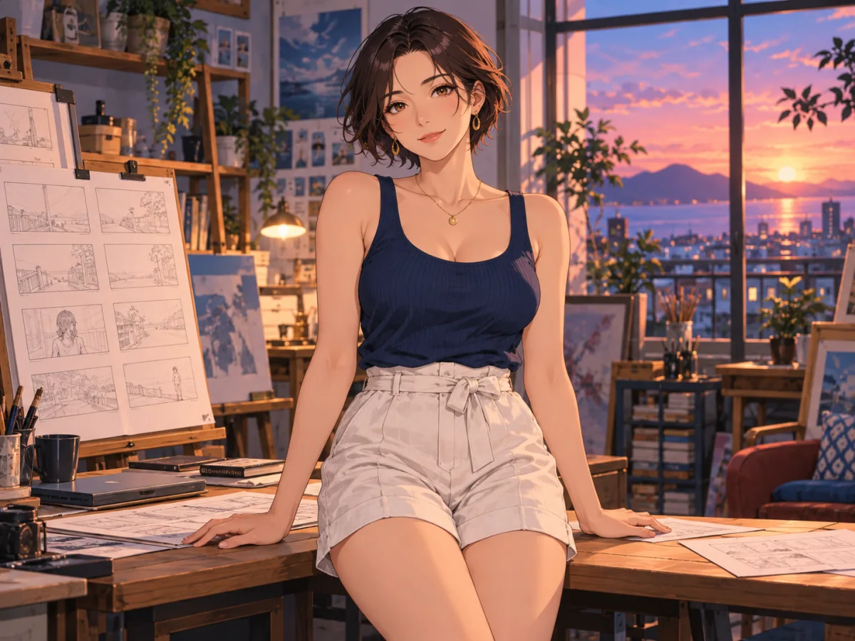 Mulher em um ateliê claro com esboços em painéis